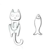 Cargar imagen en el visor de la galería, Pendientes de gato y pescado - Plata 925
