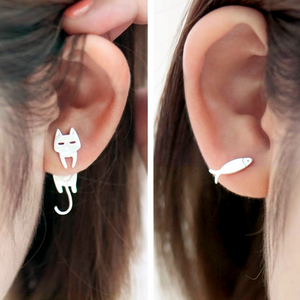 Pendientes de gato y pescado - Plata 925